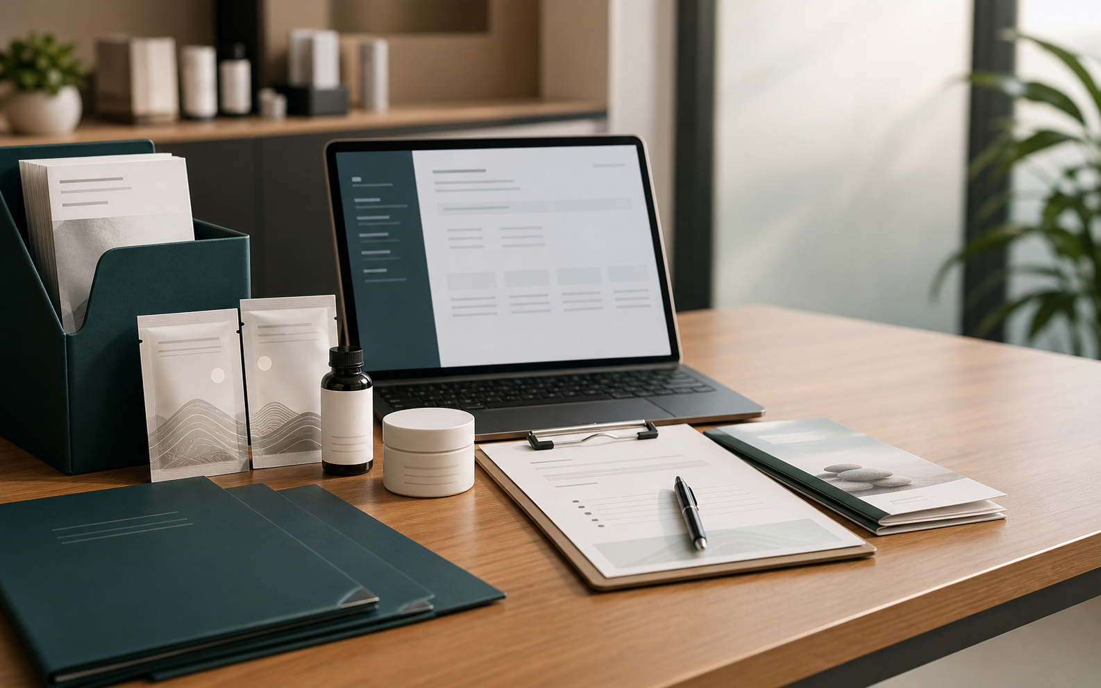 Partner onboarding desk with product samples, application materials, and abstract account portal